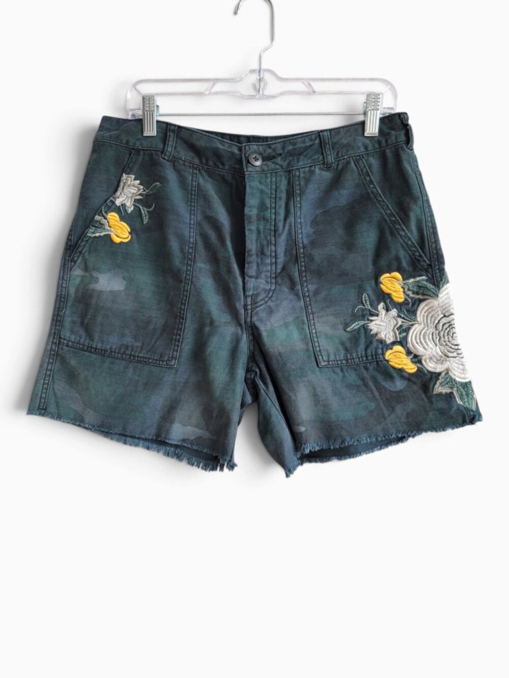 Free People Scout Camo Embroidered Utility Shorts Green Floral Frayed Hem